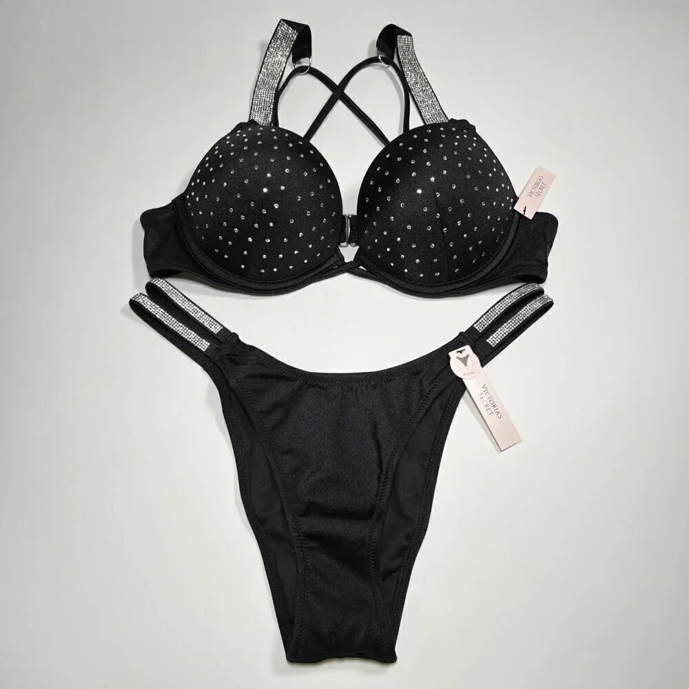 Victoria Secret 34A S Bombshell Push Up Bikini Top Set Glam Shine Strap Black